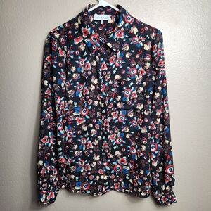 WAYF Womens Black Floral Collared Buttonfront Blouse-Size M